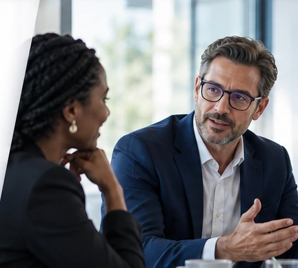 Illustrative scene of two professionals discussing a business challenge